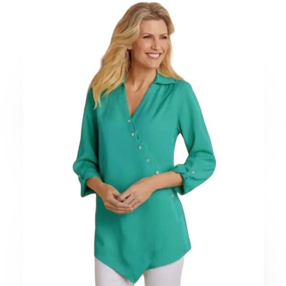 Soft Surroundings Washed Tencel Asymmetric Button Roll Tab Sleeve Tunic Top Sz L - Picture 1 of 9
